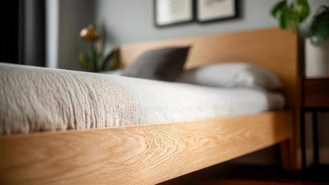 Medium shot showcasing a minimalist platform bed frame with clean lines and natural wood grain texture in sharp focus against a softly blurred bedroom interior.