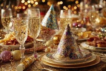 New Years Eve party hats and noise makers on table