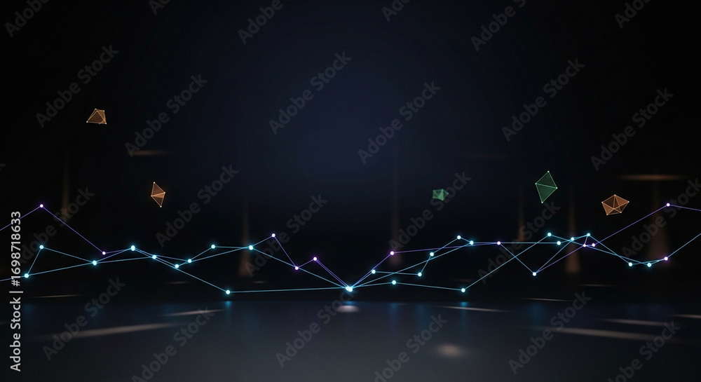 Aufkleber illustration of a dynamic network of glowing lines and geometric shapes floats in digital space