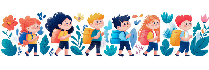 Vibrant illustration of cheerful diverse children with backpacks happily walking through colorful forest path surrounded by stylized plants and flowers, symbolizing adventure and learning