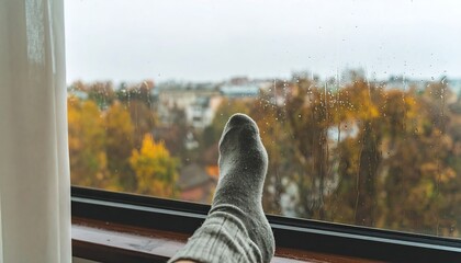 Grey socked foot resting on windowsill, rain on glass, autumn view