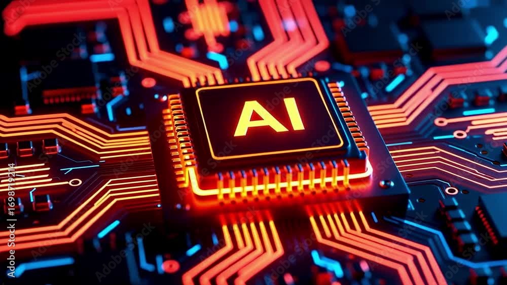 Poster dynamic ai processor glows with vibrant energy, signifying future technology and innovation.