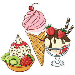 Assorted Ice Cream Cones with Chocolate Bowl and Strawberries