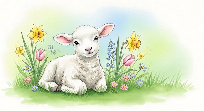 Cute lamb in the spring garden.
