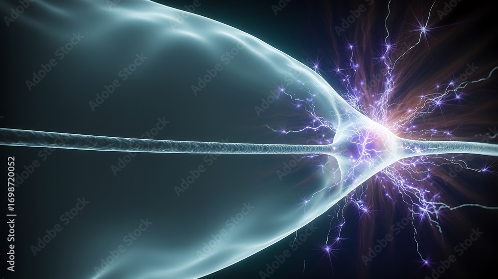 Aufkleber microscopic view of a nerve cell transmitting an electrical impulse across a synapse, highlighting n