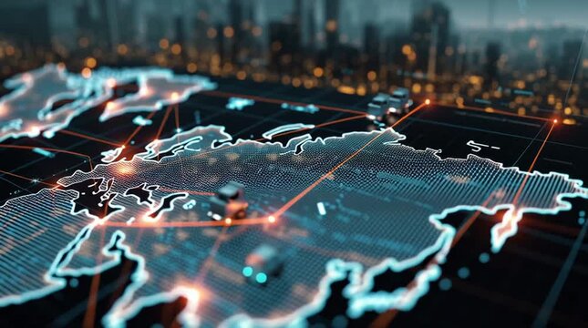 Trucks on a digital world map with glowing connections representing global logistics and transportation - Powered by Adobe