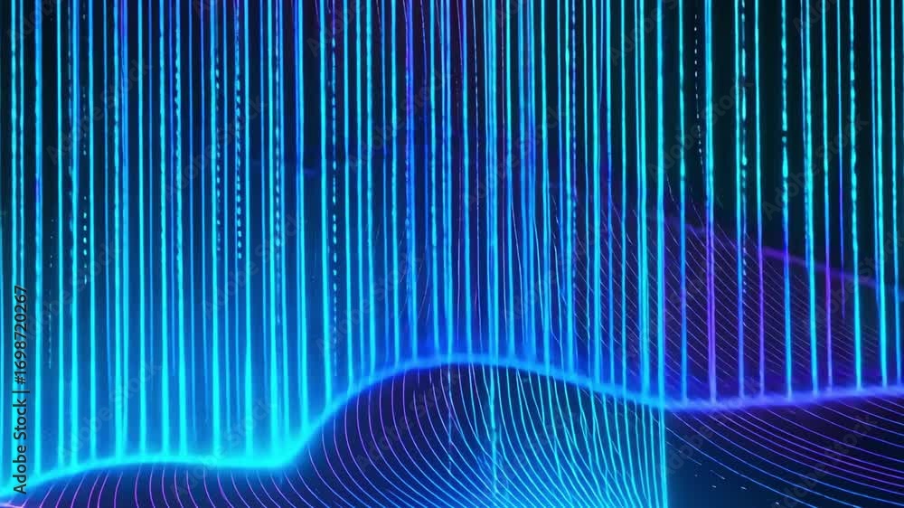 Poster dynamic abstract glowing neon lines swirl across dark digital wave, creating vibrant energy and futu