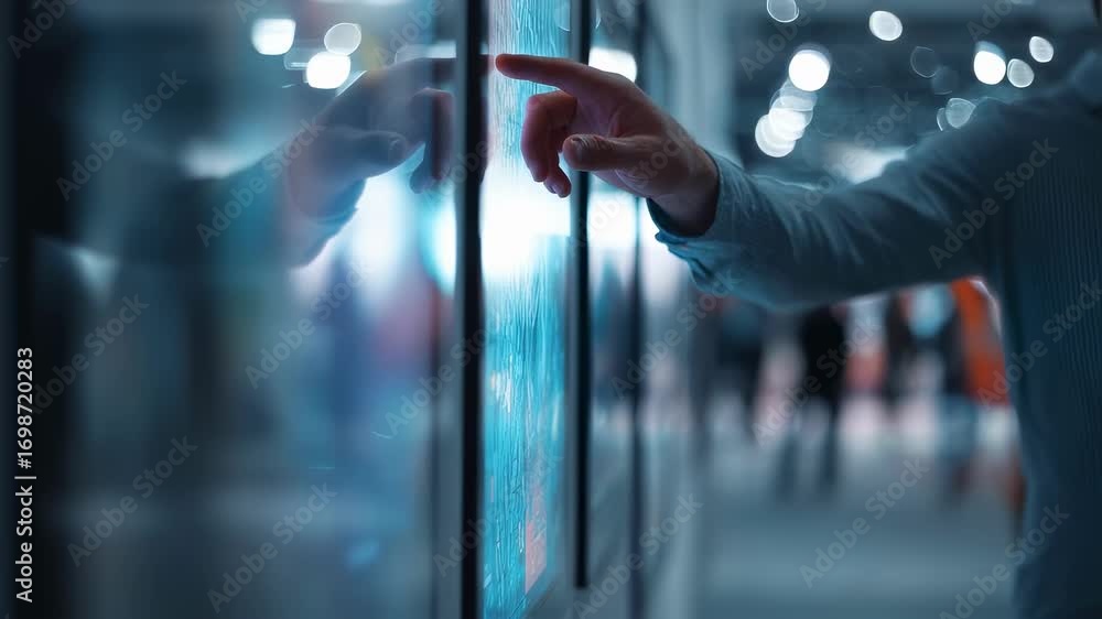Poster medium shot of a professional engaging with an immersive virtual trade show platform screen interfac