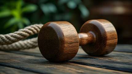 Rustic wooden dumbbell and thick rope resting on weathered wooden planks with blurred green foliage background