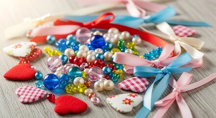 Craft Supplies - Beads, Ribbons, and Heart Embellishments for DIY Projects.