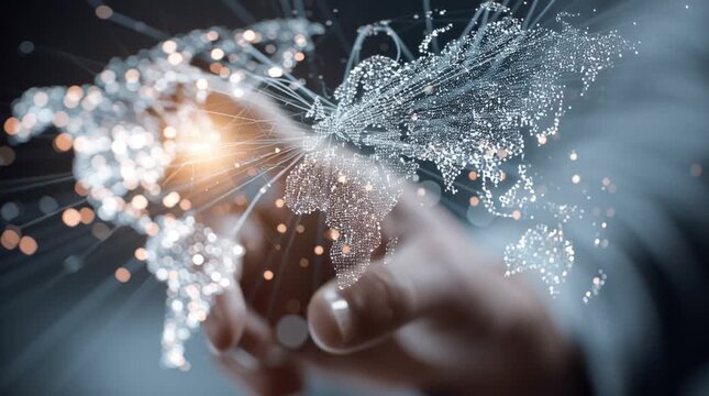 Hand touching glowing world map with light beams emanating from africa continent on dark background