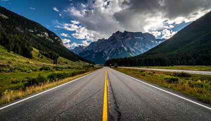 Naklejka premium Wet road leading toward snow-capped mountains under dramatic sky with golden sunlight breaking through clouds—evoking solitude, symmetry, and natural grandeur.