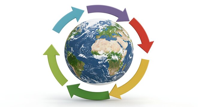 Illustration of recycling arrows forming a circle around Earth covered in forests and oceans, isolated on white background