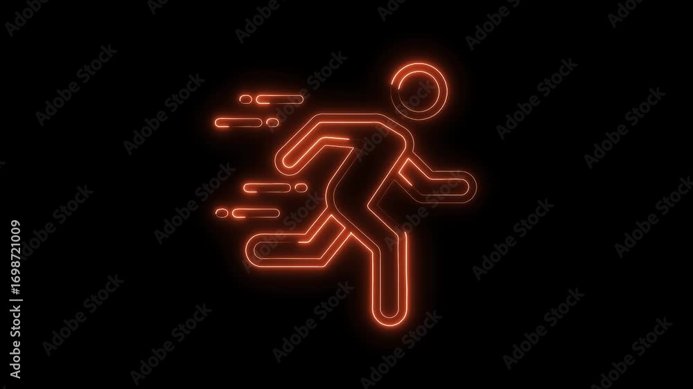Poster fast running neon person on black background symbolic representation of velocity and action