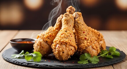 Crispy Fried Chicken Drumsticks with Dipping Sauce and Garnish.