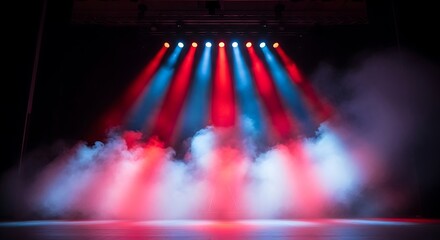 Dynamic stage illumination with vibrant red and blue lights and atmospheric fog effect enhances