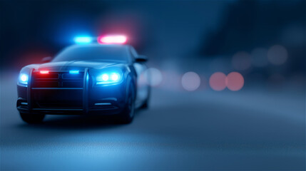 Fototapeta premium Police car with flashing red and blue lights driving on road at night, symbolizing law enforcement, safety, authority and emergency service with dramatic atmosphere.