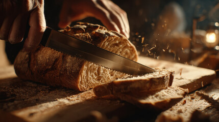 Fresh crusty bread being sliced with a serrated knife as crumbs scatter in warm golden light