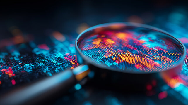 Magnifying glass over digital data suggesting investigation analysis and insight for auditing research quality control and threat detection
