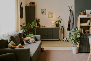 Modern living room interior featuring gray sofa with decorative pillows, various green houseplants, bookshelf with books, cabinet, coat rack, soccer ball, illuminated table lamp