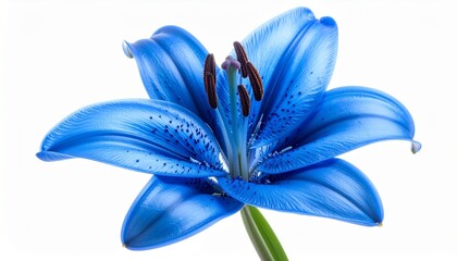 Vibrant blue lily with six petals, speckled gradients, and visible stamens and pistil, set against a white background.