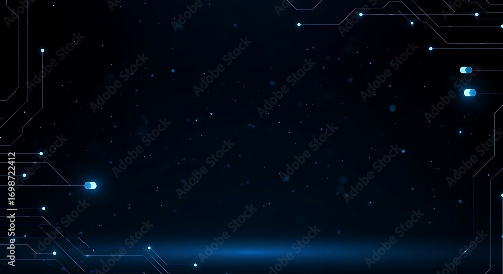 Poster illustration of a dark, digital circuit board pattern with glowing blue nodes and particles fills th