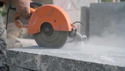 Close-up of a worker using a circular saw to cut granite