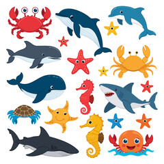 Vibrant cartoon ocean creatures, including whales, sharks, and octopuses, etc.