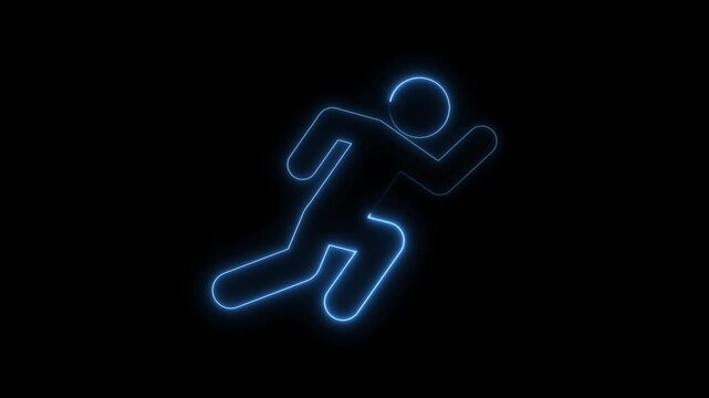 Neon running man icon animation with glowing blue silhouette on black background