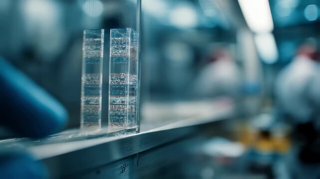 Medium shot centered on a control lane of a Western blot gel with clear protein bands scientists arm and tools subtly blurred in the scene.