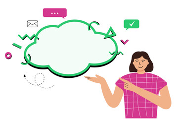 Vector illustration of a woman pointing at a blank speech cloud with copy space. Concept for communication, business presentation, education, marketing, and social media design.