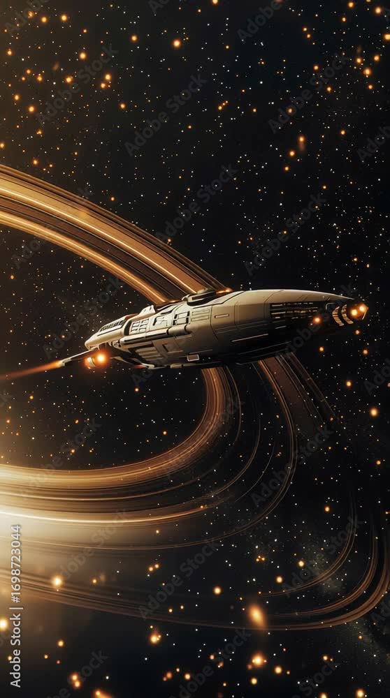 Poster futuristic spaceship navigating through the rings of an exoplanet