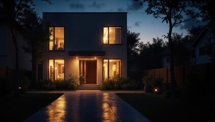 This photograph captures a modern, two-story house at dusk, illuminated by warm, yellow indoor lights. The house has a rectangular, boxy design with large, rectangular windows on both the ground and