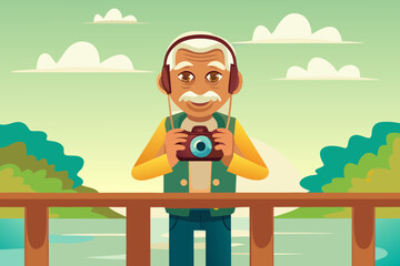 Elderly man with headphones and camera around neck, standing on bridge, photographing sunset over river.