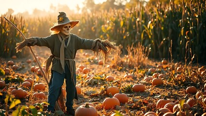A scarecrow with a skeleton face stands in a pumpkin patch at sunset in autumn season landscape