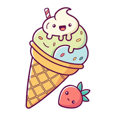 Cute Smiling Ice Cream Cone with Strawberry