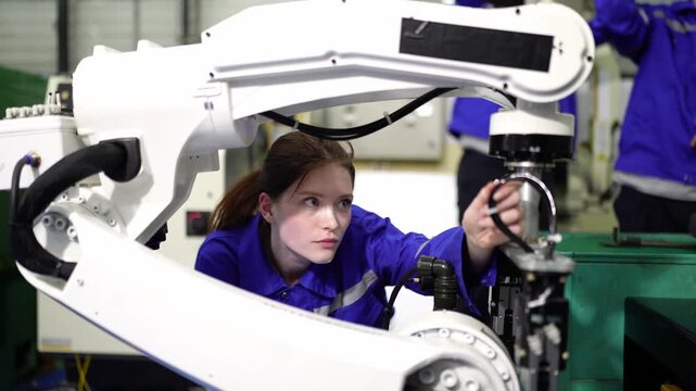 Young Technician with Robotic Arm: A young female technician in blue workwear intensely focuses on operating a robotic arm in a manufacturing facility, showcasing the future of industrial automation.