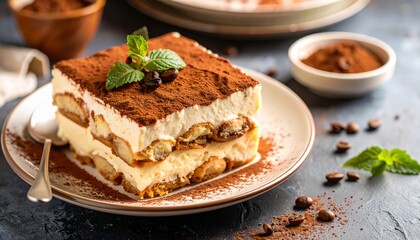 Delicious tiramisu dessert with coffee beans, mint leaves, and cocoa powder