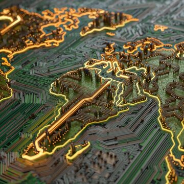 Illuminated world map outline on a circuit board with glowing continents and intricate pathways design