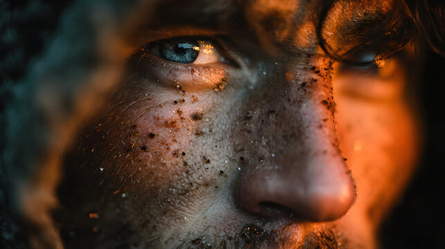 Dramatic close-up of a man's weathered face illuminated intimately by warm firelight