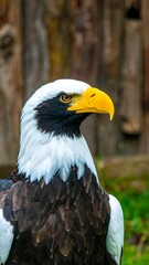 Obraz premium Close-up of an eagle's head and neck, white and dark plumage, yellow beak