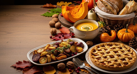 Autumn harvest bounty on wooden table displays seasonal fruit and vegetables. Autumn harvest features pumpkin soup, apple pie and roasted vegetables providing classic seasonal foods.