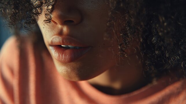 a closeup of an african american woman speaking into the microphone with her face partially obscured by curly hair and wearing a peachcolored tshirt generative ai