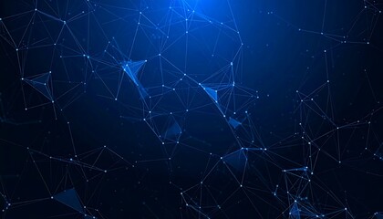 Abstract digital network illustration. Connected lines and dots create a complex web on a dark blue gradient