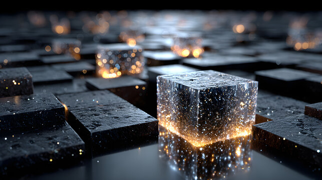 Futuristic abstract visualization of glowing cubes forming an intricate digital network security system - Powered by Adobe