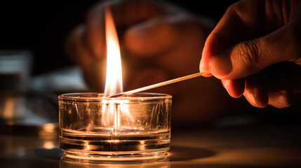 A hand lighting a small glass candle with a wooden match in a dark setting