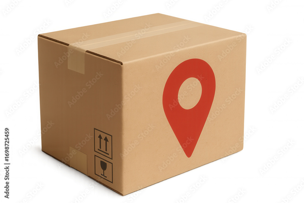 Poster cardboard shipping box marked by red location pin representing package tracking against transparent 