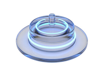 Close-up shot of a luminous layered glass object with a metallic base reflecting light