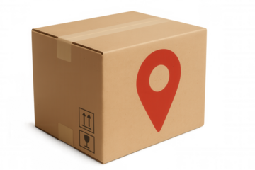 Cardboard shipping box marked by red location pin representing package tracking against transparent backdrop
