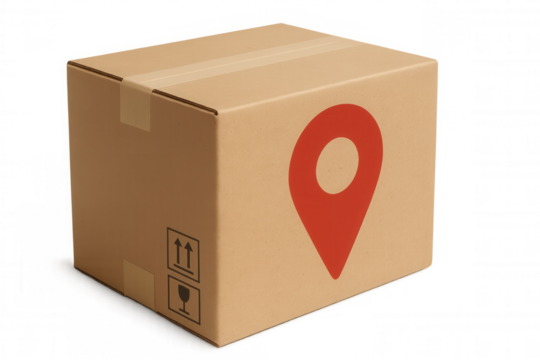 Cardboard shipping box marked by red location pin representing package tracking against transparent backdrop